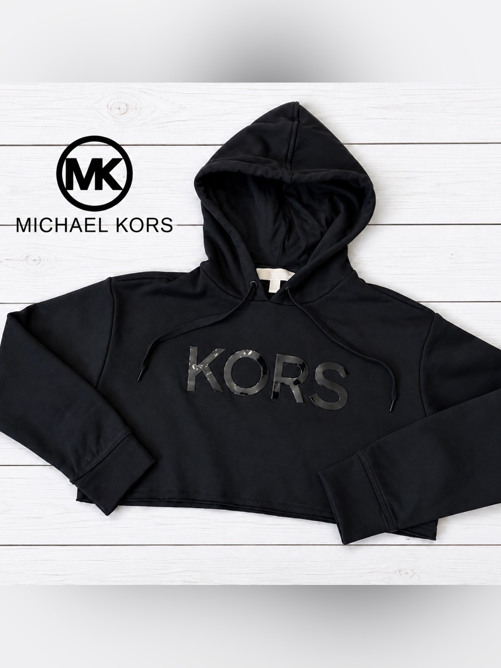 Michael Kors Black Cropped Hoodie with Glossy KORS Logo